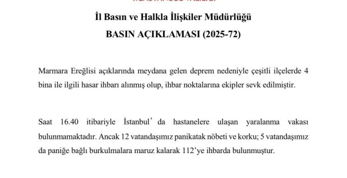 İstanbul Valiliği: “4 binayla ilgili hasar ihbarı alındı, 17 vatandaş 112’ye ihbarda bulundu”