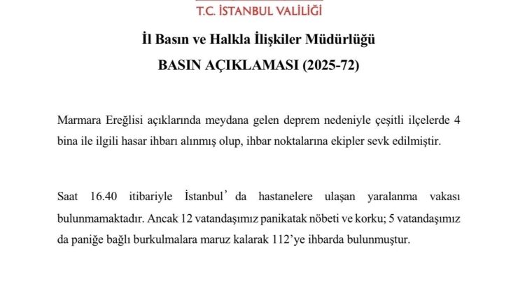 İstanbul Valiliği: “4 binayla ilgili hasar ihbarı alındı, 17 vatandaş 112’ye ihbarda bulundu”