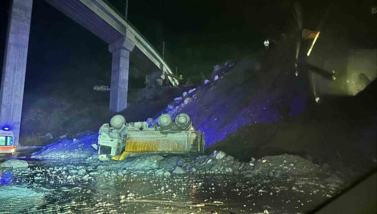 YHT şantiyesinde 15 metre yükseklikten devrilen kamyonun sürücüsü ağır yaralandı