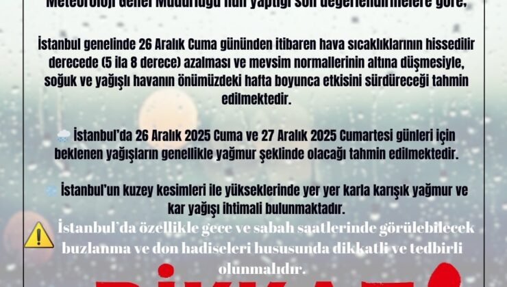 İstanbul Valiliği: “Cuma ve Cumartesi günü yüksek kesimlerde kar yağışı ihtimali bulunuyor”