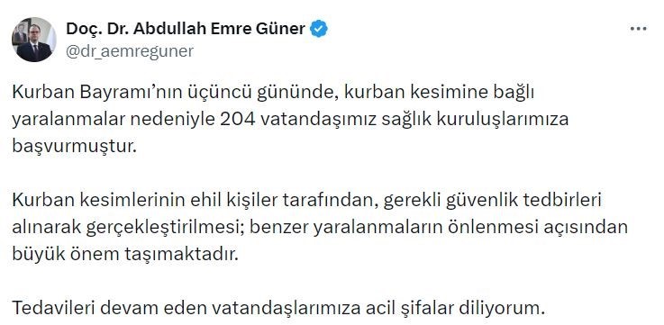 İstanbul İl Sağlık Müdürü Güner: “Kurban Bayramı’nın üçüncü gününde 204 kişi yaralandı”